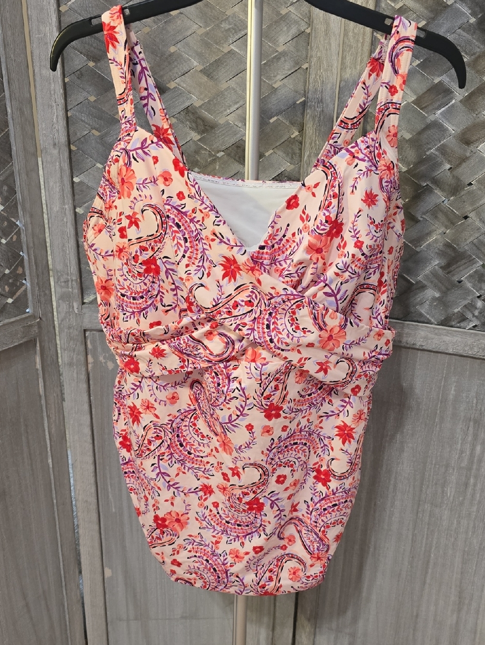 Women’s Floral Paisley Swim Top Only  - Pink With Colorful Floral Pattern